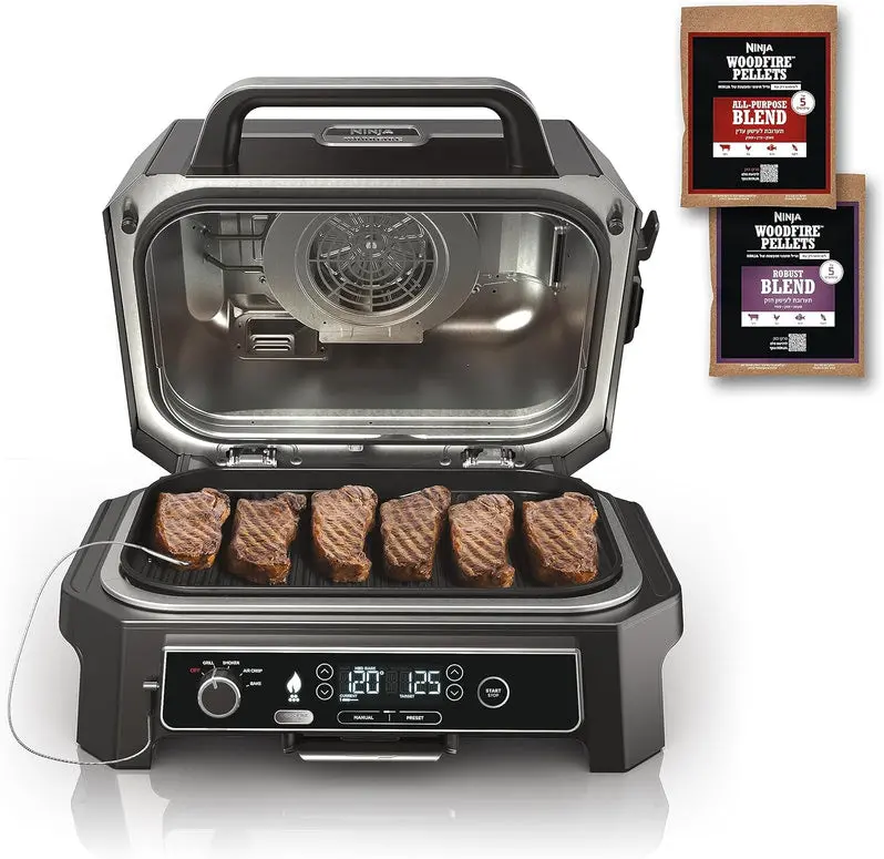 7-in-1 Portable Electric Grill and Smoker – Multi-Function Outdoor Cooking Station with Air Fryer Capability, Built-in Thermometer, and Grey Finish