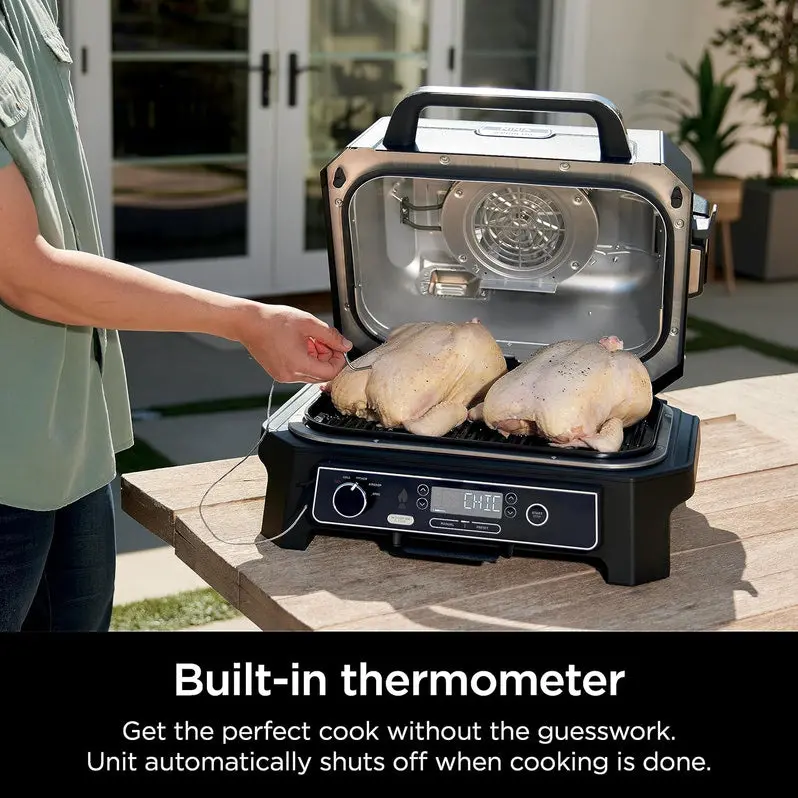 7-in-1 Portable Electric Grill and Smoker – Multi-Function Outdoor Cooking Station with Air Fryer Capability, Built-in Thermometer, and Grey Finish