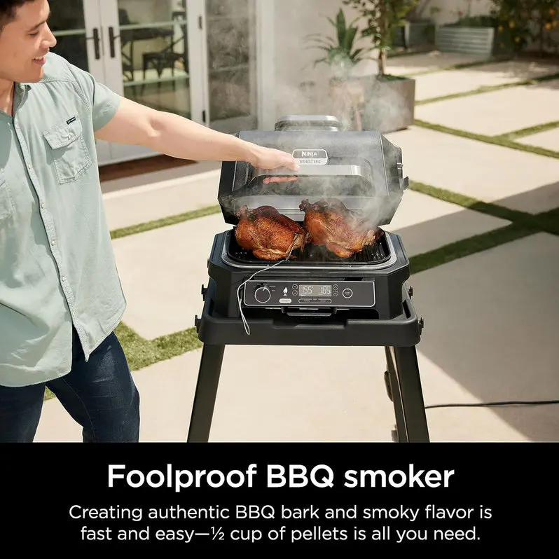 7-in-1 Portable Electric Grill and Smoker – Multi-Function Outdoor Cooking Station with Air Fryer Capability, Built-in Thermometer, and Grey Finish