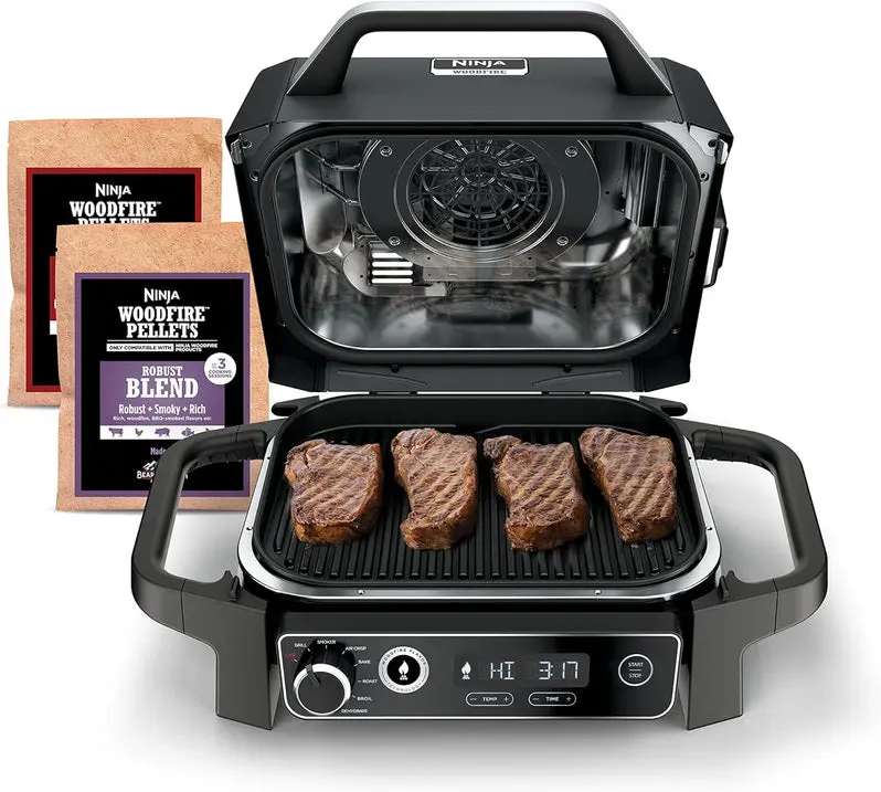 7-in-1 Portable Electric Grill and Smoker – Multi-Function Outdoor Cooking Station with Air Fryer Capability, Built-in Thermometer, and Grey Finish