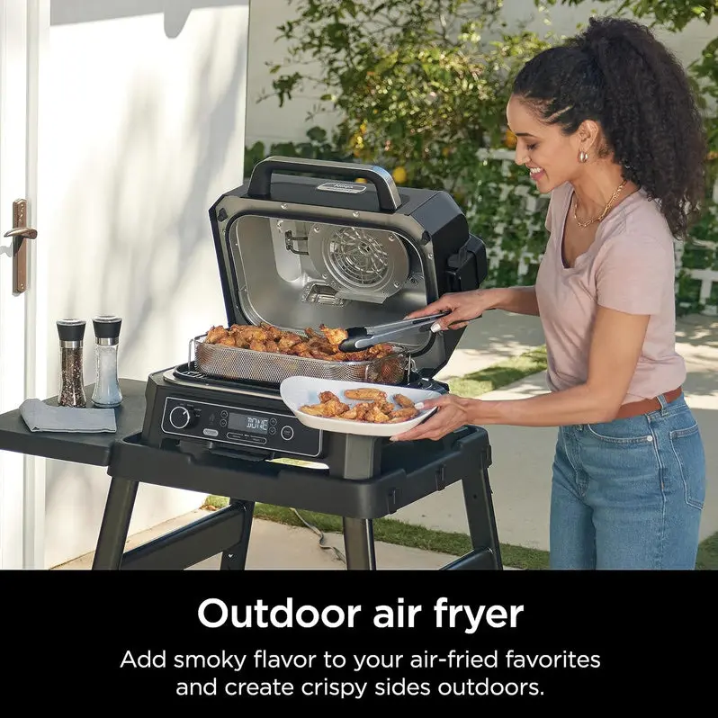 7-in-1 Portable Electric Grill and Smoker – Multi-Function Outdoor Cooking Station with Air Fryer Capability, Built-in Thermometer, and Grey Finish