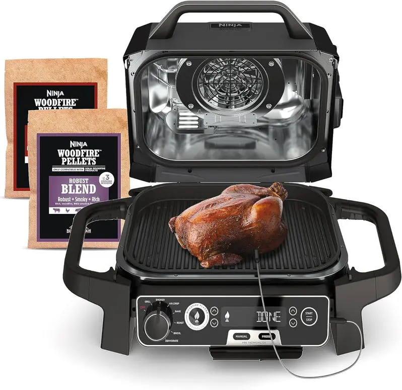 7-in-1 Portable Electric Grill and Smoker – Multi-Function Outdoor Cooking Station with Air Fryer Capability, Built-in Thermometer, and Grey Finish
