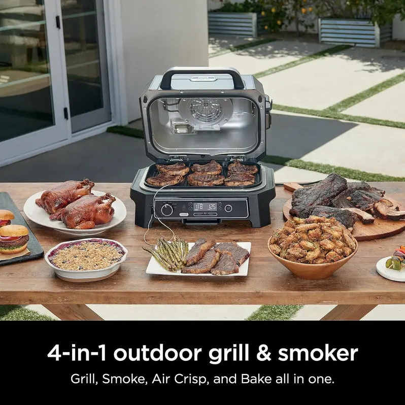 7-in-1 Portable Electric Grill and Smoker – Multi-Function Outdoor Cooking Station with Air Fryer Capability, Built-in Thermometer, and Grey Finish