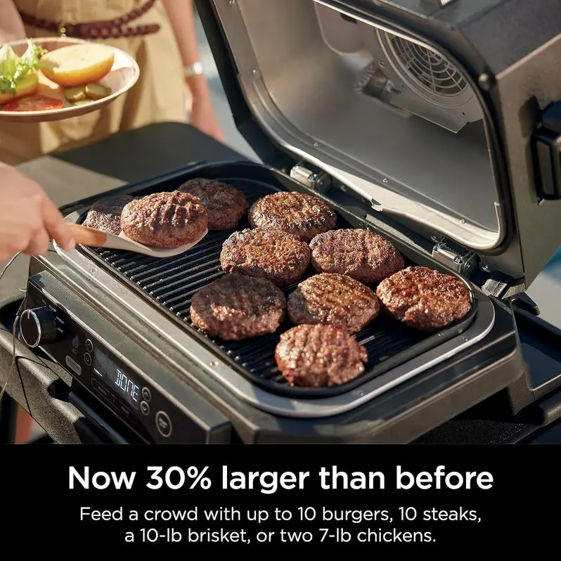 7-in-1 Portable Electric Grill and Smoker – Multi-Function Outdoor Cooking Station with Air Fryer Capability, Built-in Thermometer, and Grey Finish