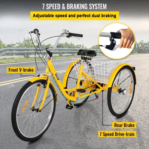 7-Speed Adult Trike Cruiser – 26-Inch 3-Wheel Bicycle with Front Basket & Shopping Features