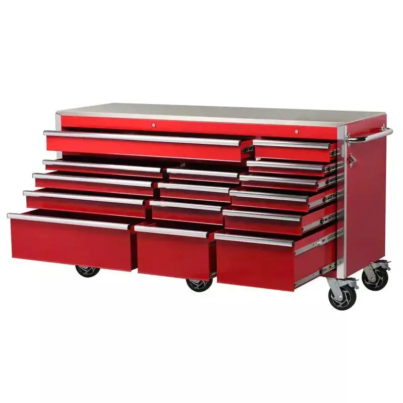 72" Heavy-Duty Mobile Tool Chest – 15-Drawer Stainless Steel Workbench with Dual Locking System, Red Finish