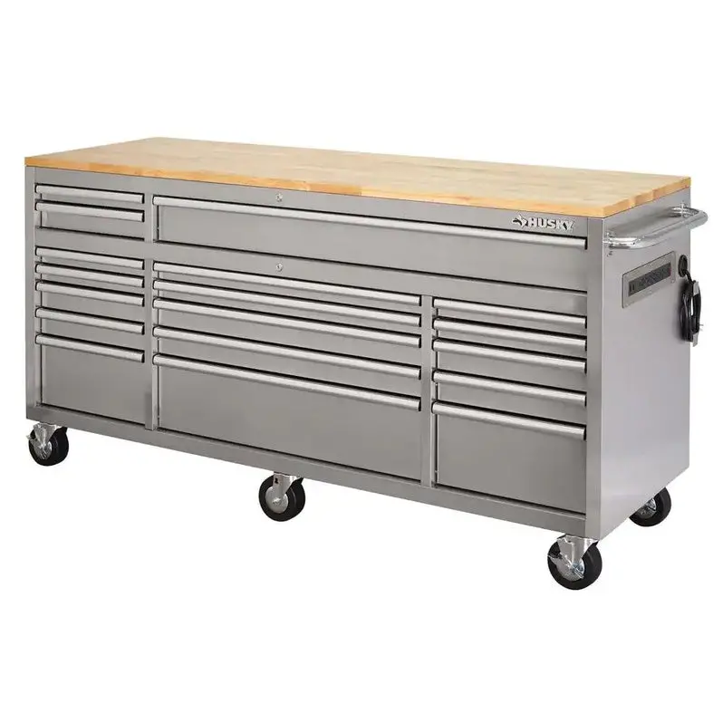 72-Inch Mobile Workbench Cart – 18-Drawer Industrial Storage Unit with Solid Wood Surface & Stainless Frame