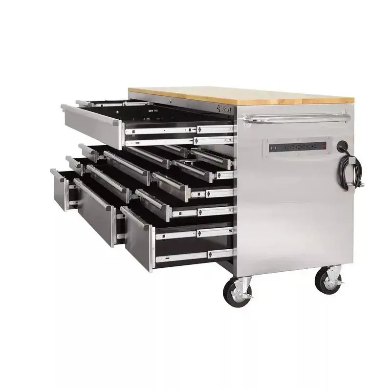 72-Inch Mobile Workbench Cart – 18-Drawer Industrial Storage Unit with Solid Wood Surface & Stainless Frame