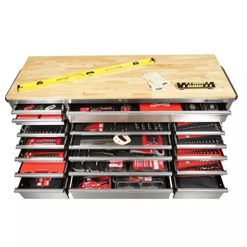 72-Inch Mobile Workbench Cart – 18-Drawer Industrial Storage Unit with Solid Wood Surface & Stainless Frame