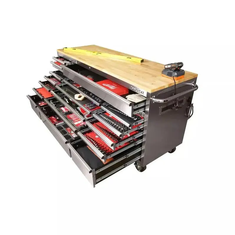 72-Inch Mobile Workbench Cart – 18-Drawer Industrial Storage Unit with Solid Wood Surface & Stainless Frame