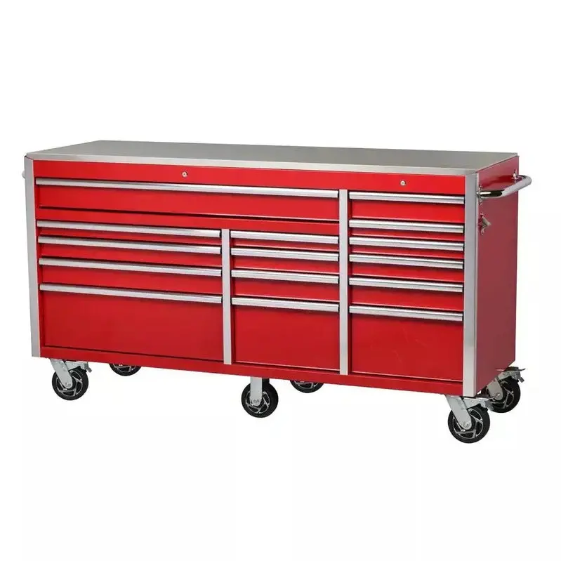 72" Professional Rolling Tool Cabinet – 15-Drawer Stainless Steel Workstation with Dual Security Locks, Red