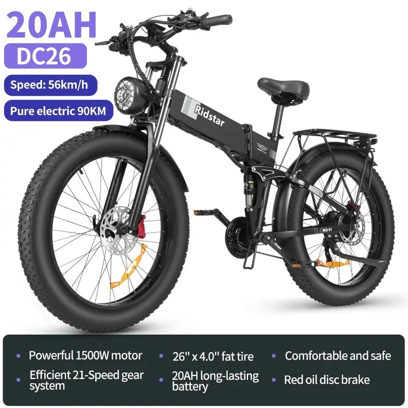 750W Folding Electric Bike for Adults – 48V 20Ah Removable Battery, 26-Inch Fat Tires, Shimano 21-Speed Drivetrain