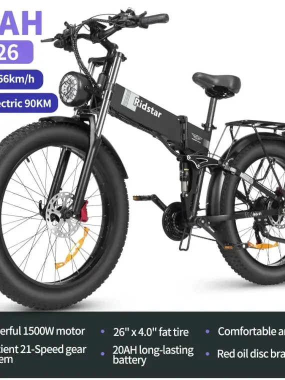 750W Folding Electric Bike for Adults – 48V 20Ah Removable Battery, 26-Inch Fat Tires, Shimano 21-Speed Drivetrain