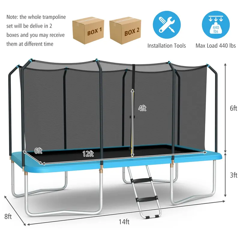 8 ft x 14 ft Rectangular Trampoline with Safety Enclosure – Supports Up to 440 lbs, Includes Non-Slip Ladder