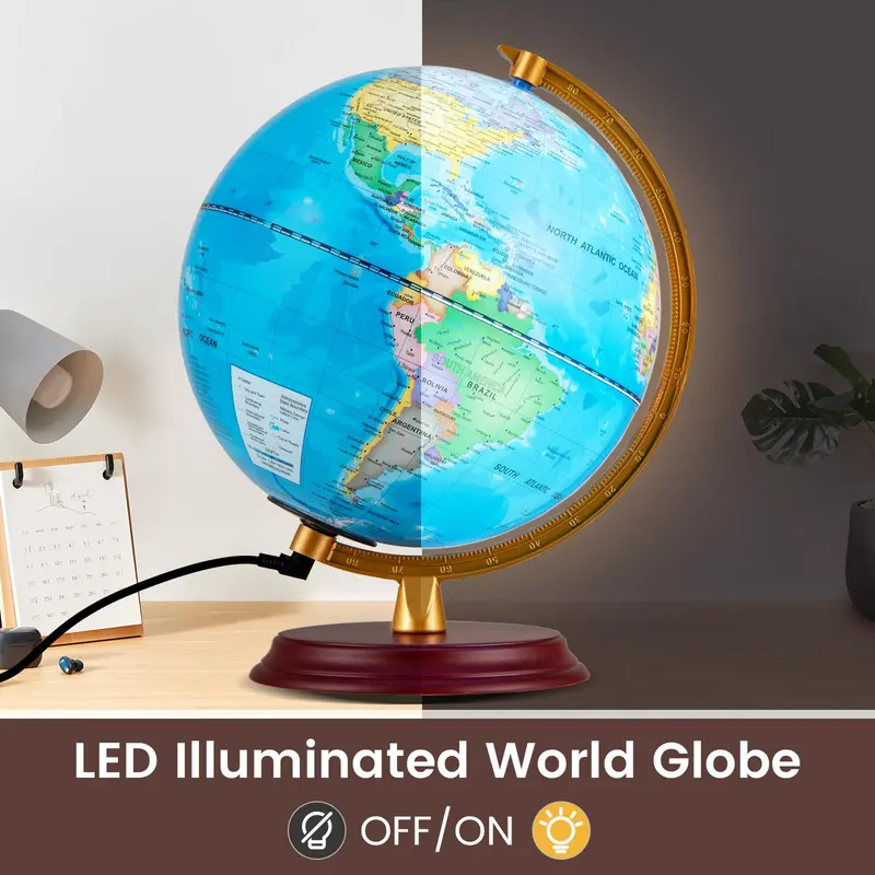 8-Inch Illuminated Nightlight Globe Lamp with HD Map & Wooden Base
