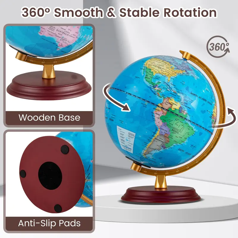 8-Inch Illuminated Nightlight Globe Lamp with HD Map & Wooden Base