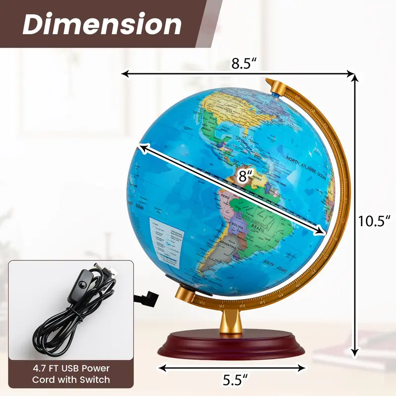 8-Inch Illuminated Nightlight Globe Lamp with HD Map & Wooden Base