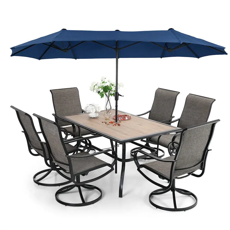 8-Piece Outdoor Dining Set – Umbrella Included with Six Sling Swivel Chairs