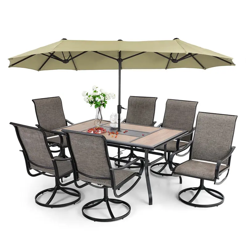 8-Piece Outdoor Dining Set – Umbrella Included with Six Sling Swivel Chairs