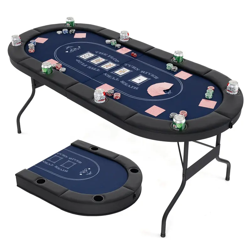 8-Player Foldable Poker Table – 72-Inch Durable Surface with Integrated Metal Cup Holders