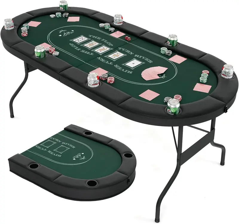 8-Player Foldable Poker Table – 72-Inch Durable Surface with Integrated Metal Cup Holders