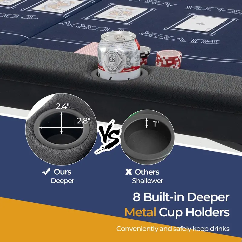 8-Player Foldable Poker Table – 72-Inch Durable Surface with Integrated Metal Cup Holders