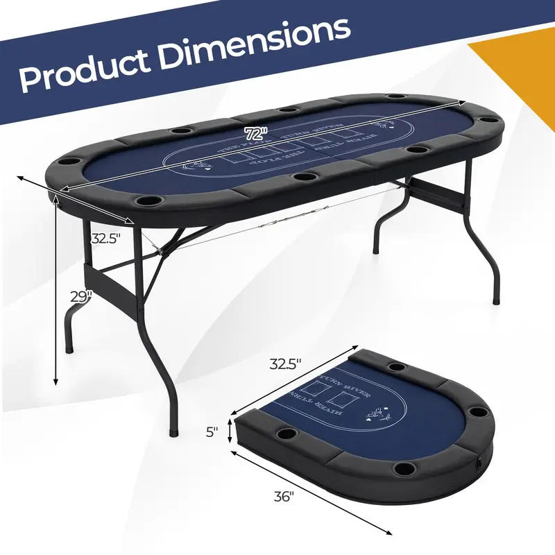 8-Player Foldable Poker Table – 72-Inch Durable Surface with Integrated Metal Cup Holders