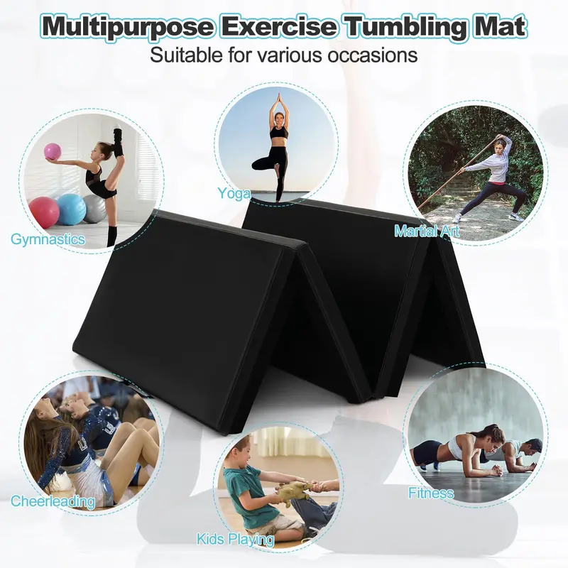 8' × 4' Folding Gymnastics Mat – 2-Inch Thick High-Density Foam with Hook-and-Loop Closure and Ergonomic Carry Handles