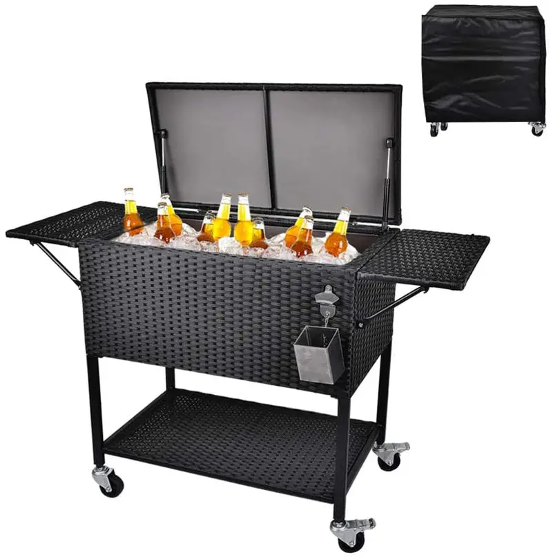 80-Quart Rolling Rattan Cooler – Wicker-Style Beverage Cart for Patios, Backyards & Social Gatherings