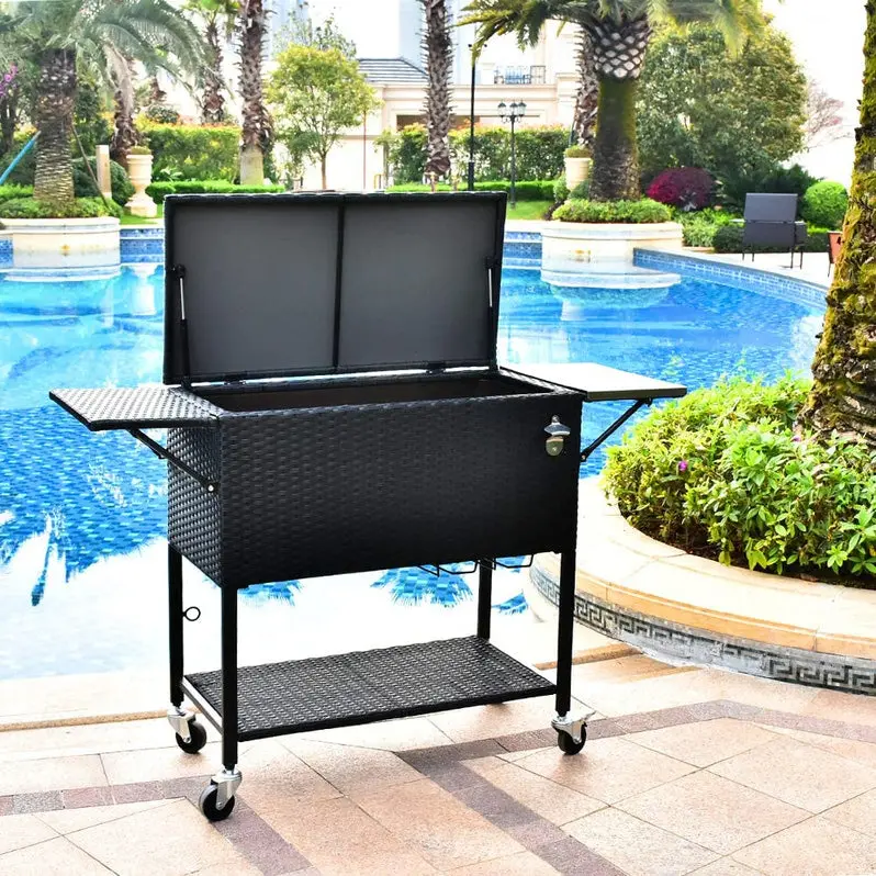80-Quart Rolling Rattan Cooler – Wicker-Style Beverage Cart for Patios, Backyards & Social Gatherings
