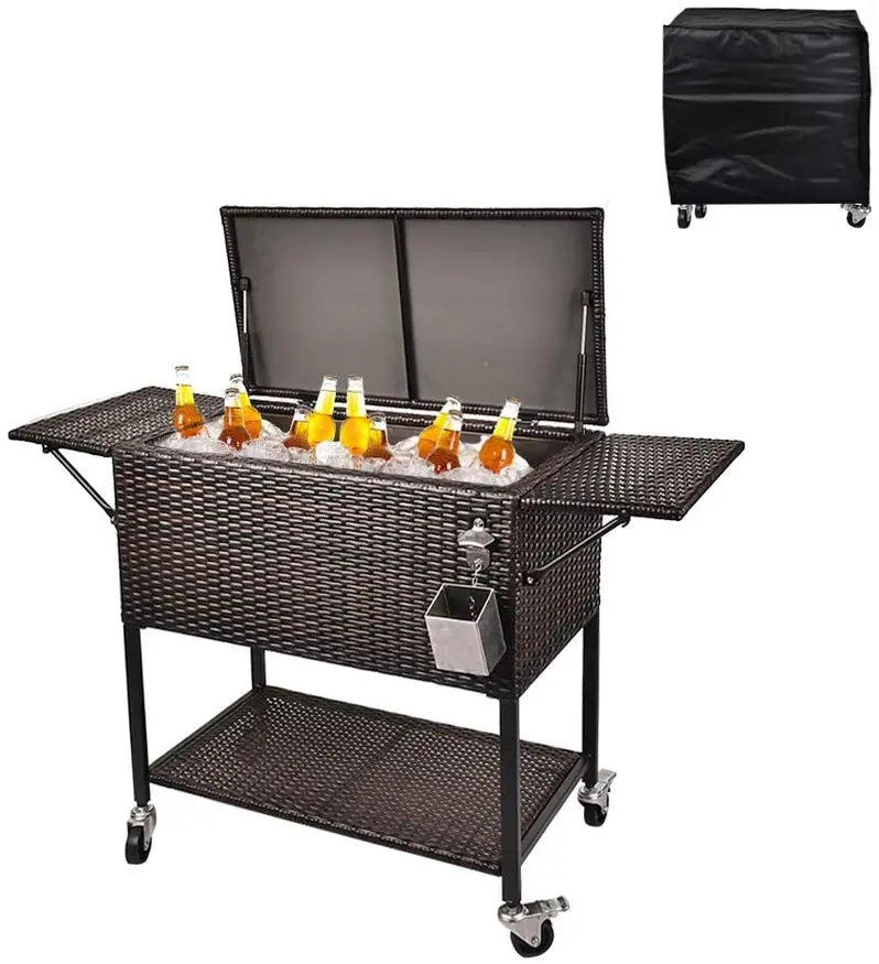 80-Quart Rolling Rattan Cooler – Wicker-Style Beverage Cart for Patios, Backyards & Social Gatherings