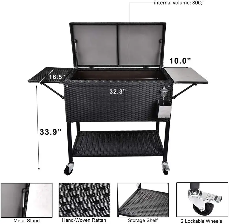 80-Quart Rolling Rattan Cooler – Wicker-Style Beverage Cart for Patios, Backyards & Social Gatherings
