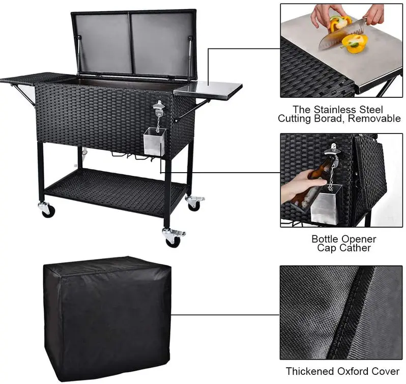 80-Quart Rolling Rattan Cooler – Wicker-Style Beverage Cart for Patios, Backyards & Social Gatherings