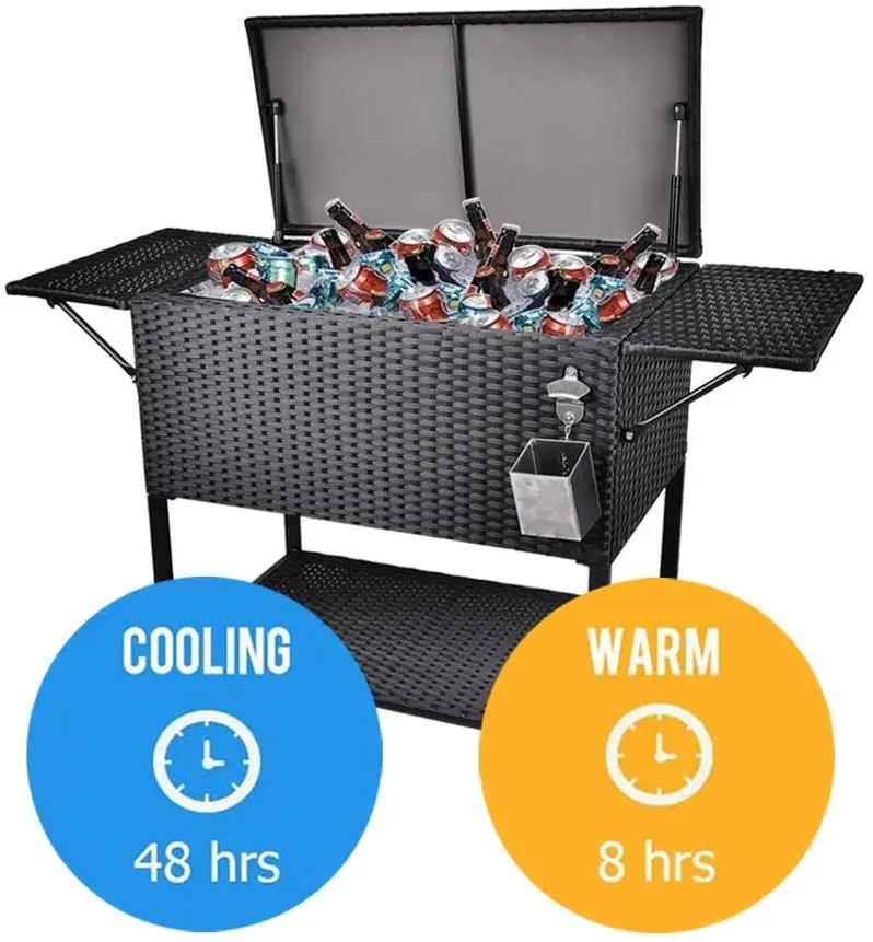 80-Quart Rolling Rattan Cooler – Wicker-Style Beverage Cart for Patios, Backyards & Social Gatherings