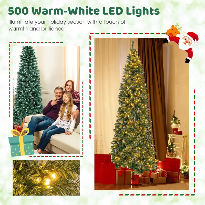 9-Foot Pre-Lit Slim Pencil Christmas Tree – 500 Warm White LED Lights