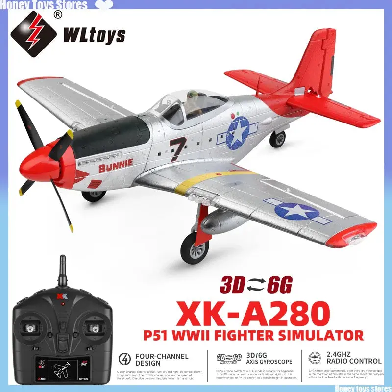 A280 RC P-51 Mustang Fighter Plane – 2.4 GHz 4-Channel Model with 3D Aerobatic & 6G Flight Modes, LED Searchlight, and Scale Detailing