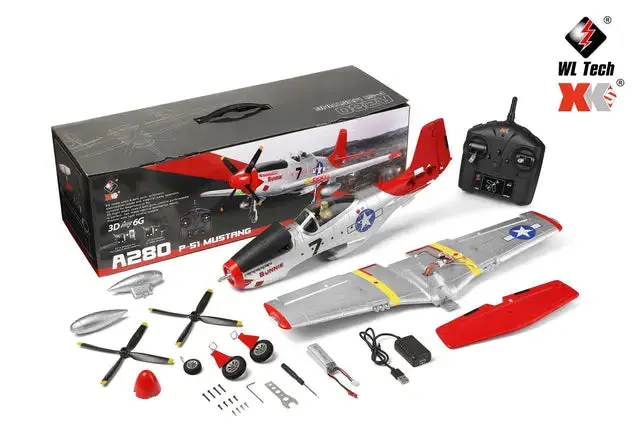 A280 RC P-51 Mustang Fighter Plane – 2.4 GHz 4-Channel Model with 3D Aerobatic & 6G Flight Modes, LED Searchlight, and Scale Detailing
