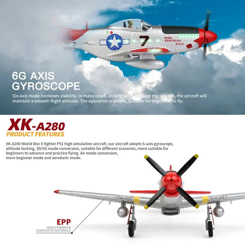 A280 RC P-51 Mustang Fighter Plane – 2.4 GHz 4-Channel Model with 3D Aerobatic & 6G Flight Modes, LED Searchlight, and Scale Detailing