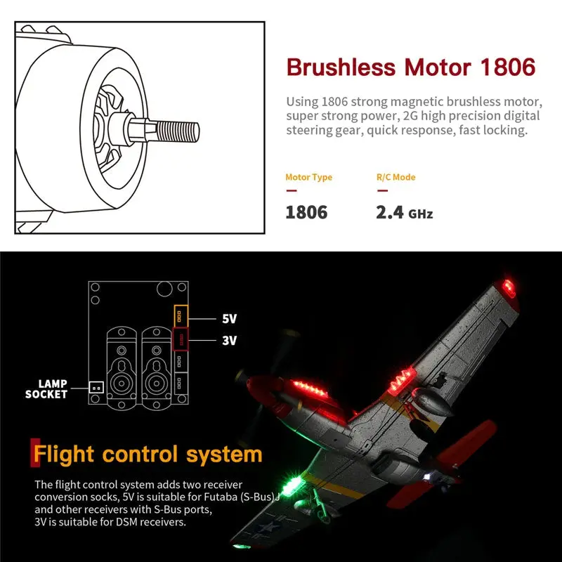 A280 RC P-51 Mustang Fighter Plane – 2.4 GHz 4-Channel Model with 3D Aerobatic & 6G Flight Modes, LED Searchlight, and Scale Detailing