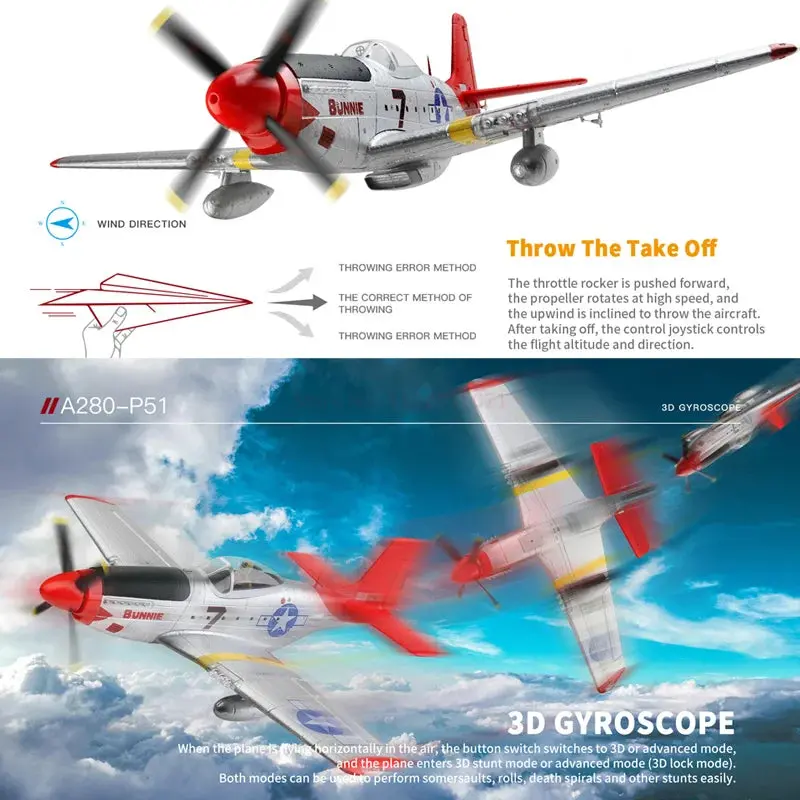 A280 RC P-51 Mustang Fighter Plane – 2.4 GHz 4-Channel Model with 3D Aerobatic & 6G Flight Modes, LED Searchlight, and Scale Detailing
