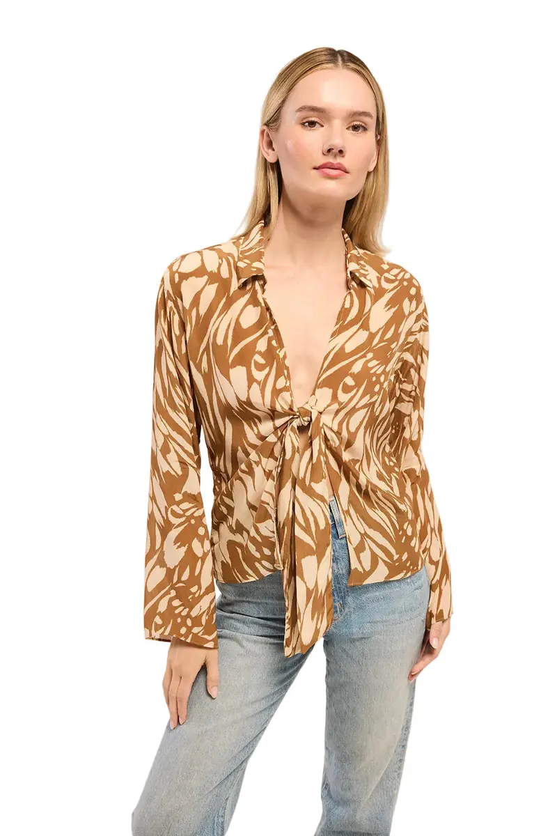 Abstract Art Tie-Front Short Sleeve Top — Adjustable Knot Waist Detail