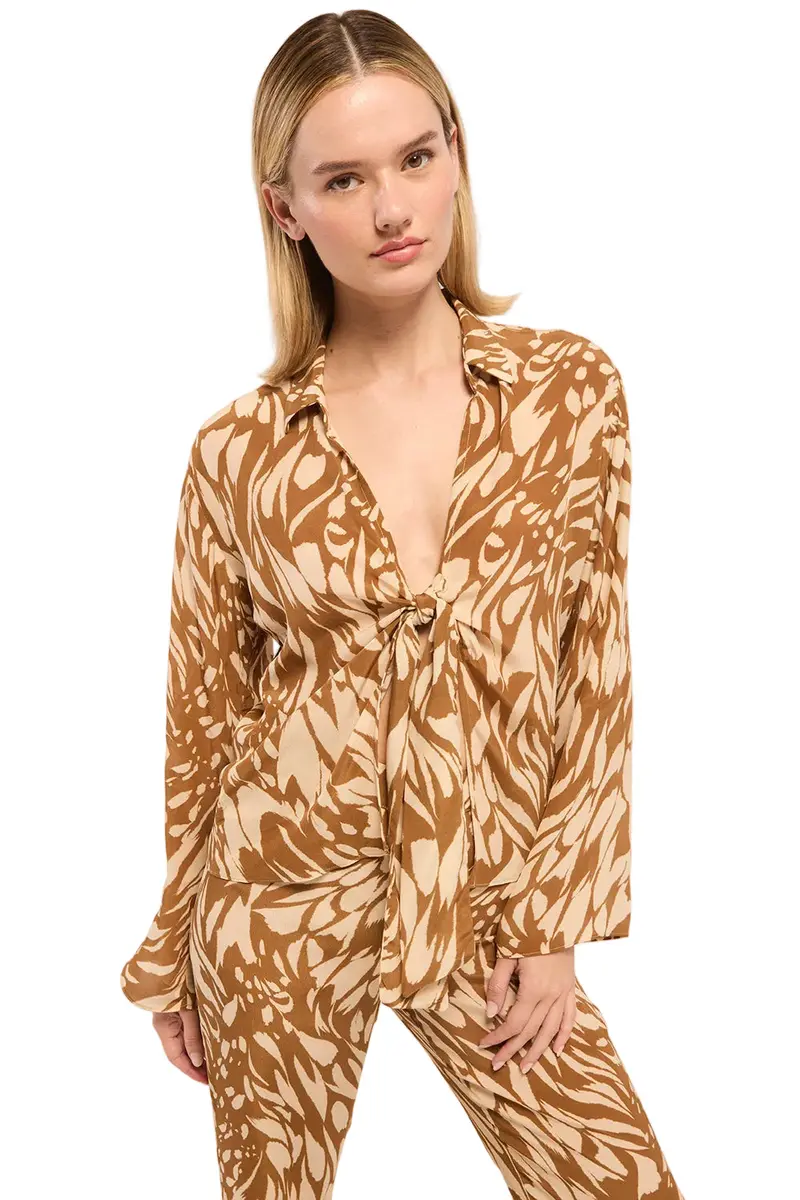 Abstract Art Tie-Front Short Sleeve Top — Adjustable Knot Waist Detail 2