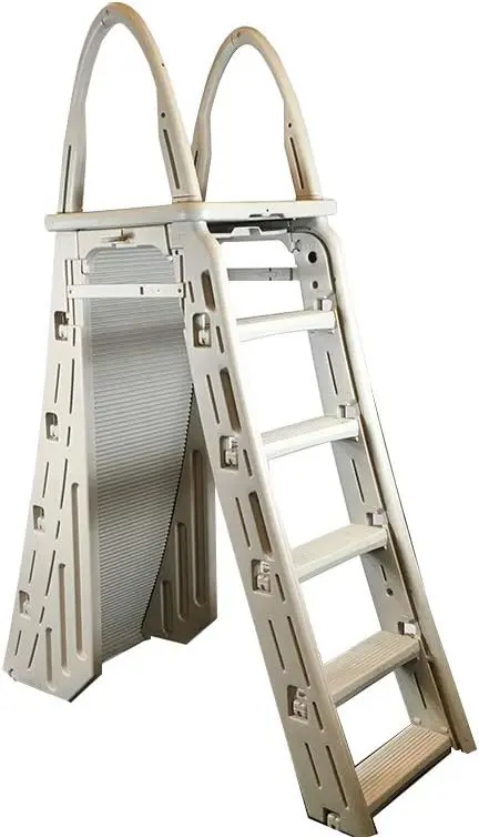 Adjustable A-Frame Pool Ladder with Roll Guard by Confer Plastics – Warm Grey Safety Step for Above-Ground Pools (48–56 in)