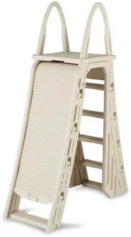 Adjustable A-Frame Pool Ladder with Roll Guard by Confer Plastics – Warm Grey Safety Step for Above-Ground Pools (48–56 in)