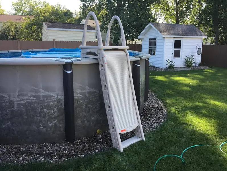 Adjustable A-Frame Pool Ladder with Roll Guard by Confer Plastics – Warm Grey Safety Step for Above-Ground Pools (48–56 in)