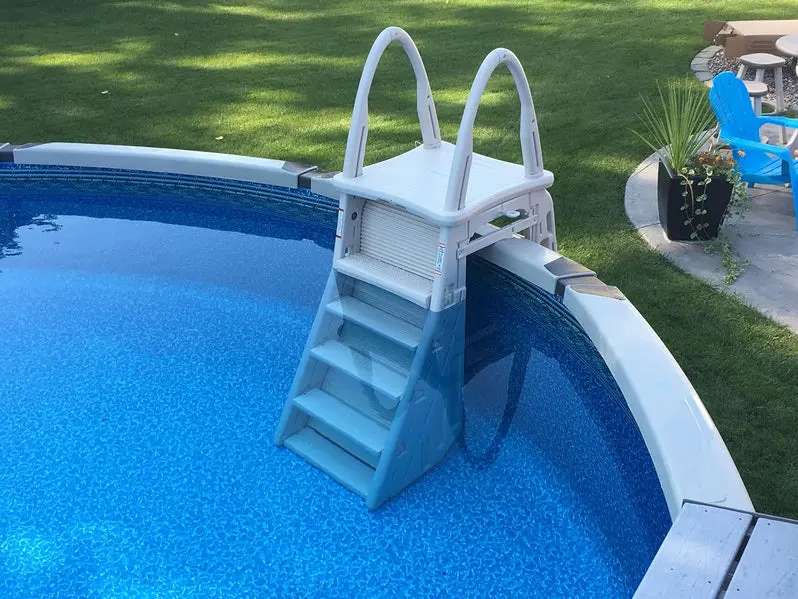 Adjustable A-Frame Pool Ladder with Roll Guard by Confer Plastics – Warm Grey Safety Step for Above-Ground Pools (48–56 in)