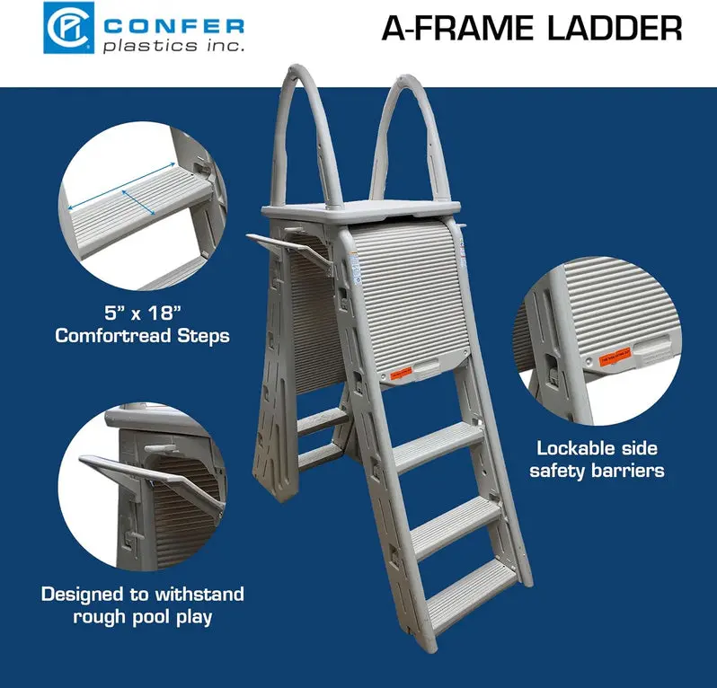 Adjustable A-Frame Pool Ladder with Roll Guard by Confer Plastics – Warm Grey Safety Step for Above-Ground Pools (48–56 in)