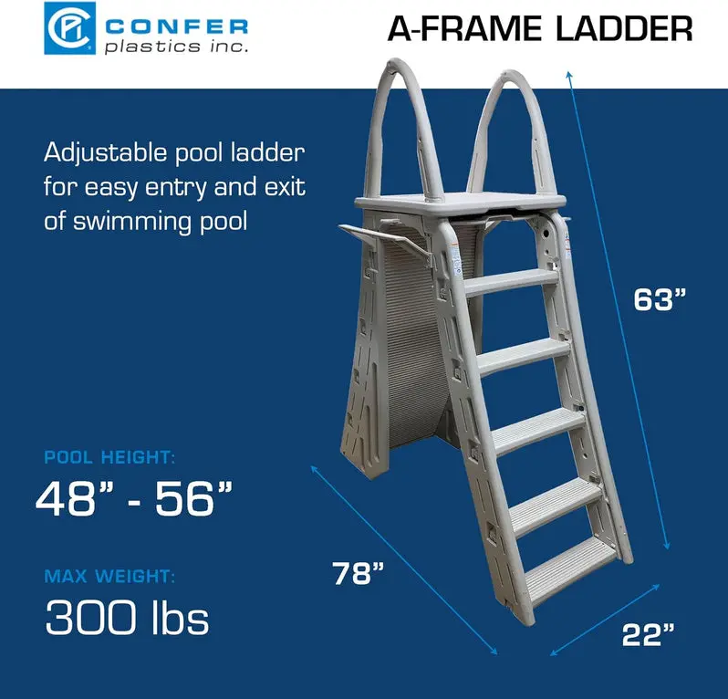 Adjustable A-Frame Pool Ladder with Roll Guard by Confer Plastics – Warm Grey Safety Step for Above-Ground Pools (48–56 in)
