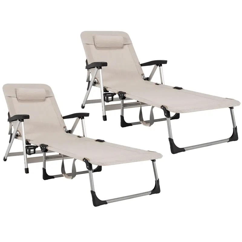 Adjustable Outdoor Chaise Lounge Chair – Features Cup Holder and Removable Headrest