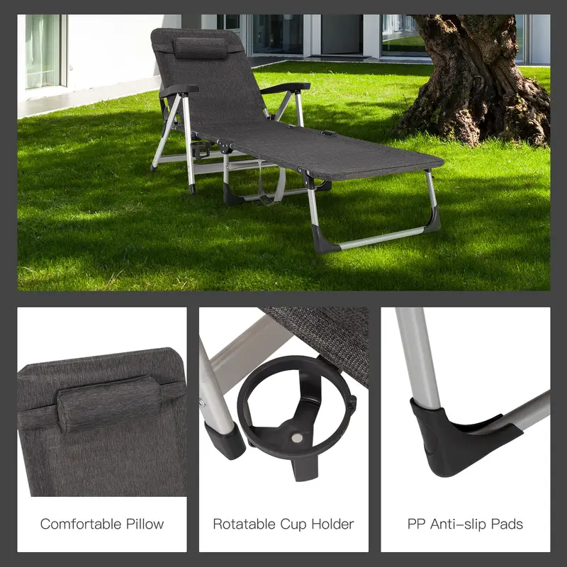 Adjustable Outdoor Chaise Lounge Chair – Features Cup Holder and Removable Headrest